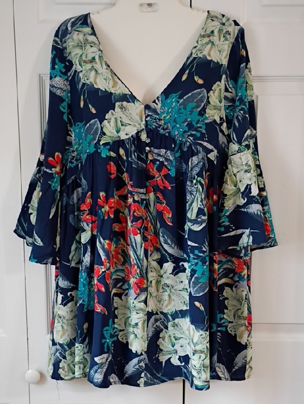 Entro Navy Floral V-Neck Tunic Dress with Red and Teal Accents